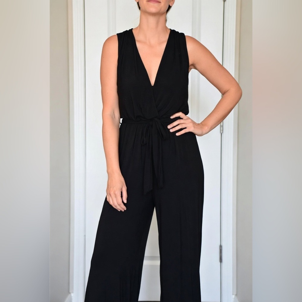 LOFT Black Sleevelee V neck Wide Leg Jumpsuit Romper